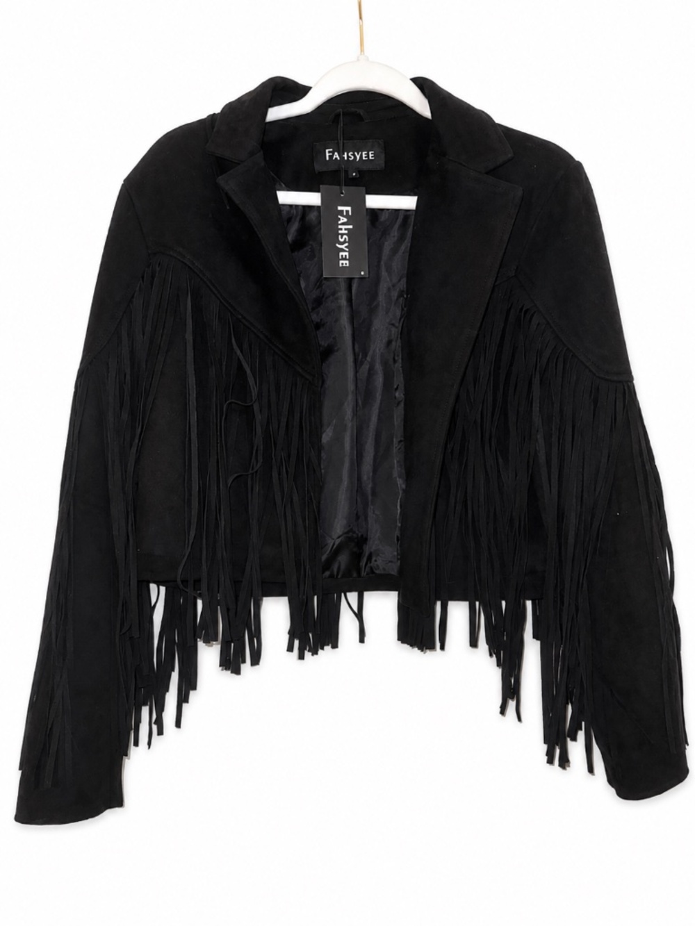 FAHSYEE Black Faux Suede Fringe Cropped Jacket NWT